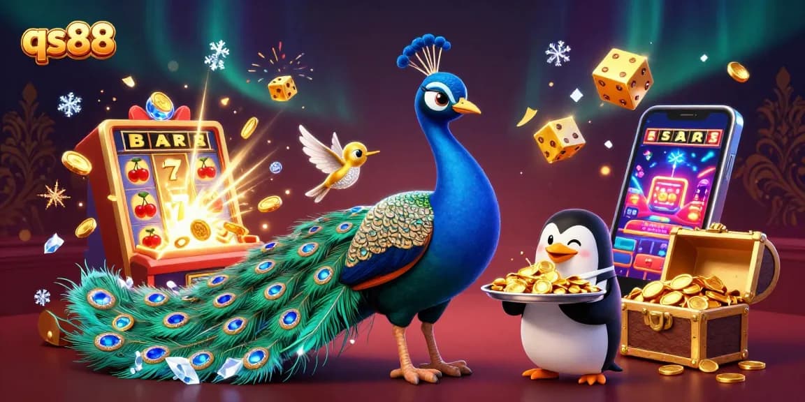 Enjoy thrilling moments with qs88's vibrant casino action featuring a peacock and charm-filled characters