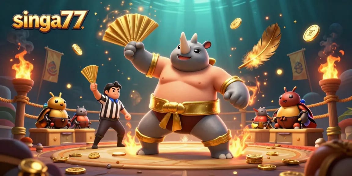 Singa77 showcases a dynamic scene with a sumo champion beetle and vibrant casino elements.
