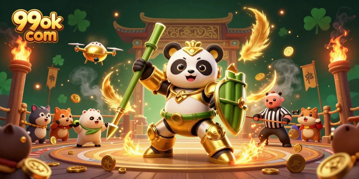Engage in thrilling action at 99ok com with a dynamic mech-suit golden panda in an exciting casino arena.