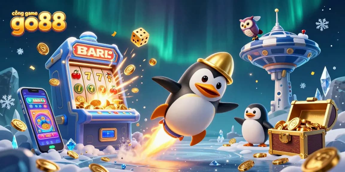 Experience the exciting cổng game go88 with a golden penguin soaring through space to a casino adventure.