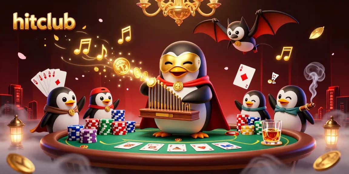 Hitclub showcases a playful 3D penguin opera playing while golden coins flow, ideal for casino art.