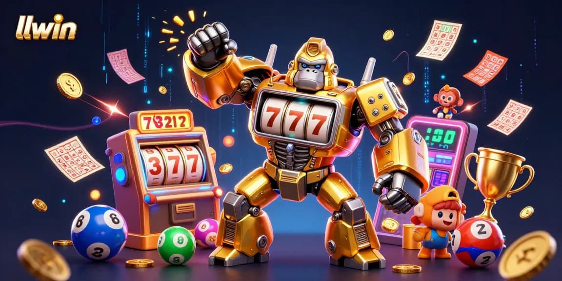 Win big at llwin casino with an exciting 3D illustration of a golden gorilla mech and dynamic gaming elements.