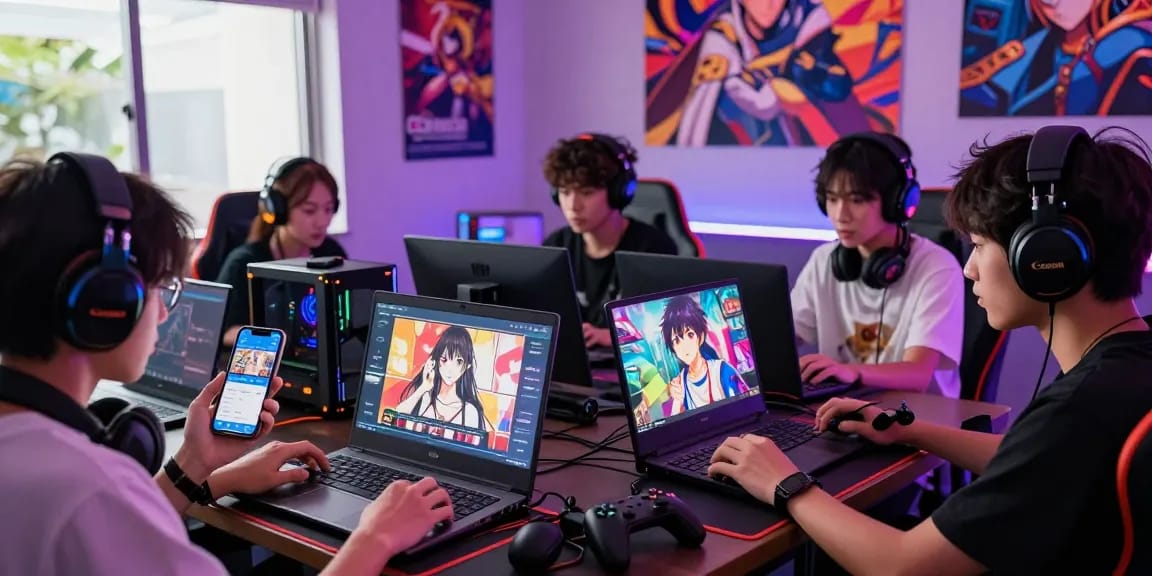 Gamers engaging with a free ecchi game on multiple devices in a vibrant virtual setting.