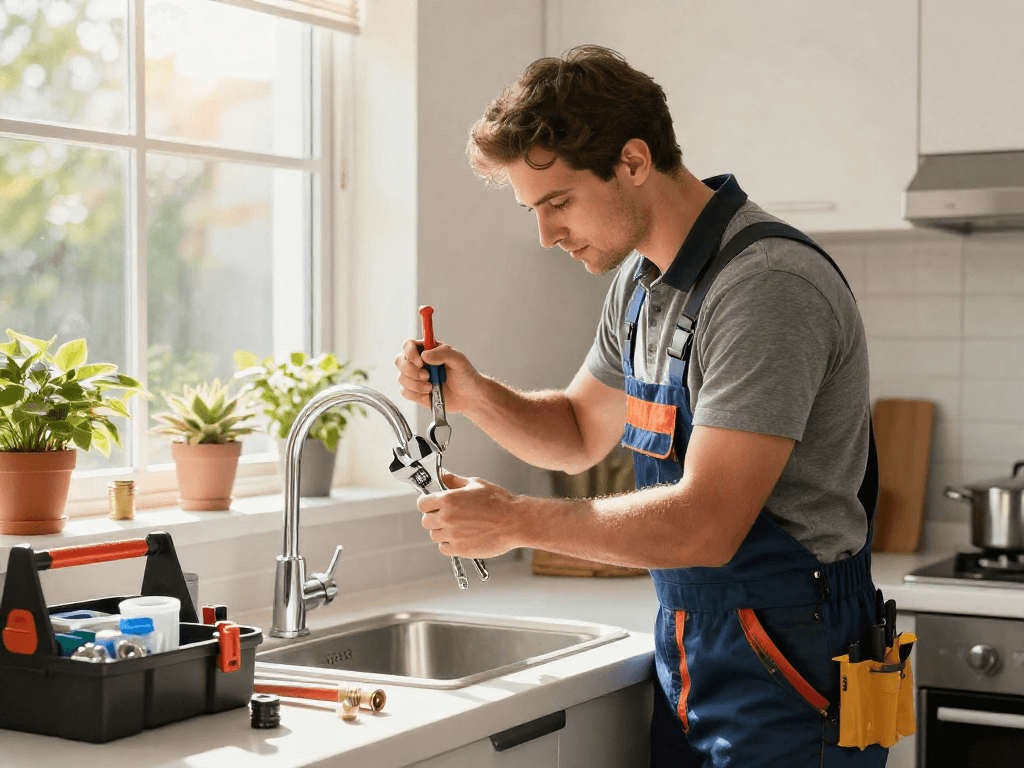 Professional plumber providing plumbing service Fort Worth, fixing a leaky faucet in a modern kitchen.