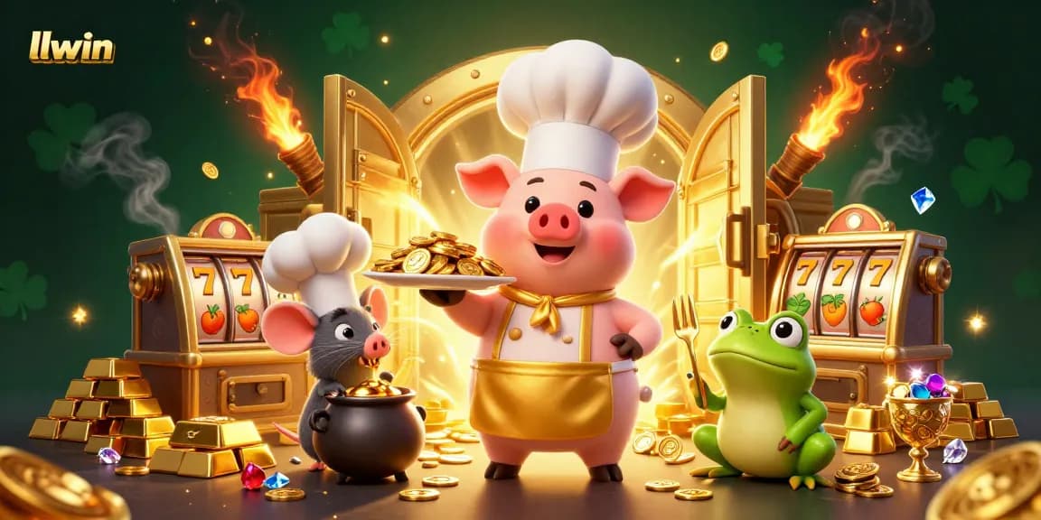 Experience winning joy with llwin as a chef pig serves golden coins in a vibrant casino scene.