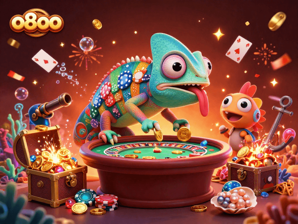 Engaging 3D casino illustration featuring the colorful chameleon owner of o8oo capturing attention.
