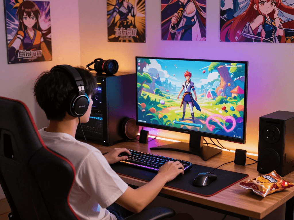 Engaging gamer playing hentai games on a vibrant setup with colorful characters and modern equipment.