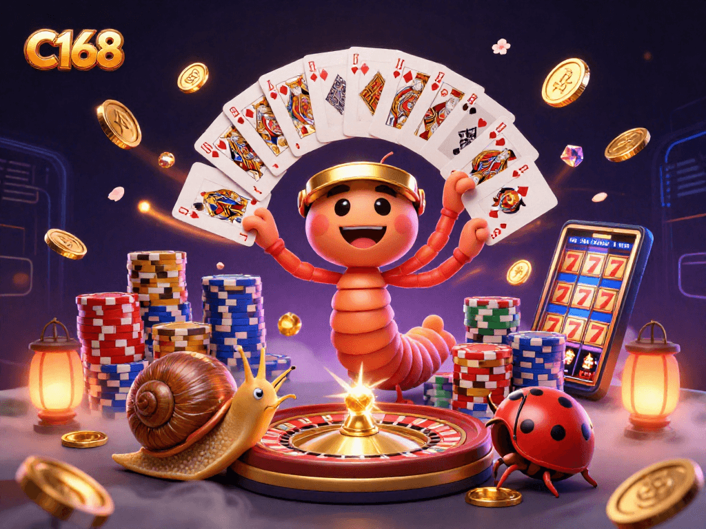 C168 players engage with a vibrant casino scene filled with colorful chips and glowing cards.