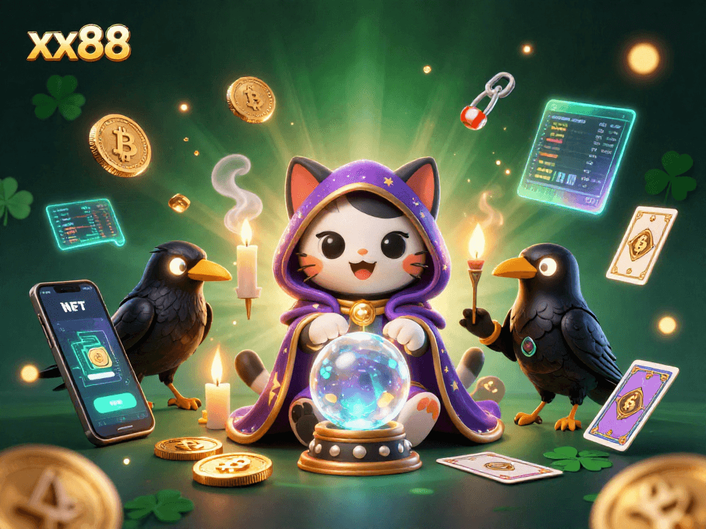 Engage with xx88's mystical gaming atmosphere featuring fortune teller cat and tarot raven.
