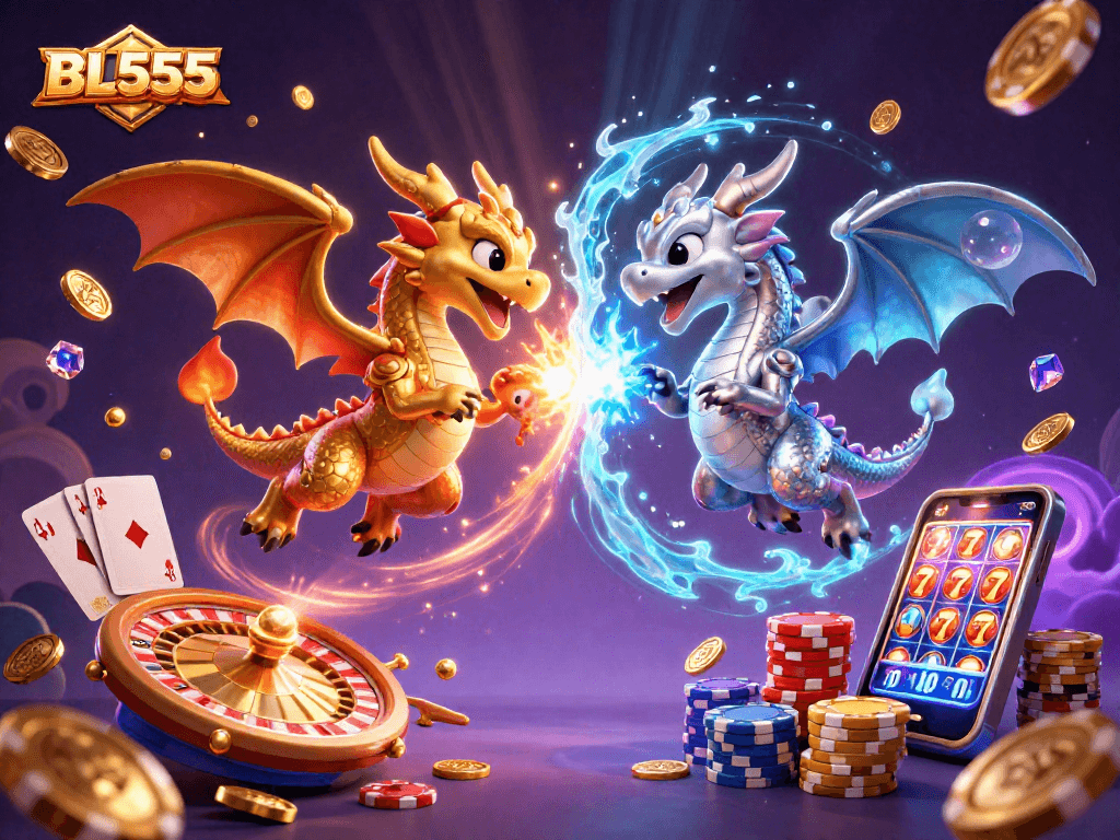Engage with BL555's thrilling 3D illustration featuring golden and silver dragons amidst a vibrant casino scene.
