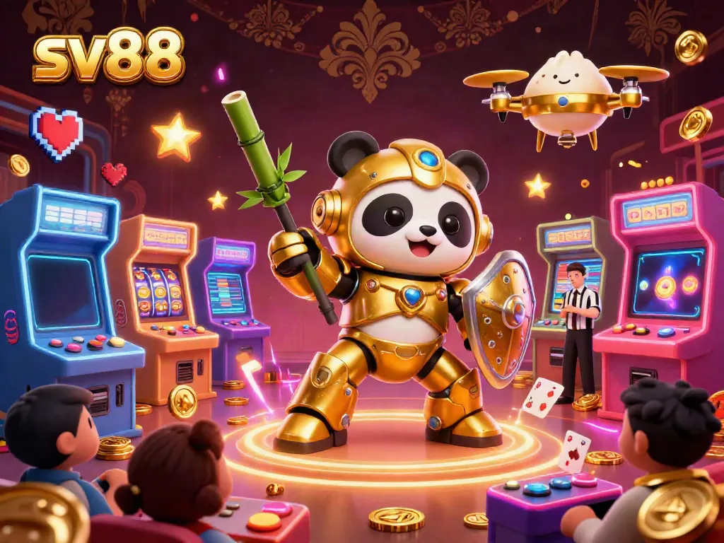 Experience thrilling gameplay at sv88 with a golden panda mech in a vibrant casino arena.