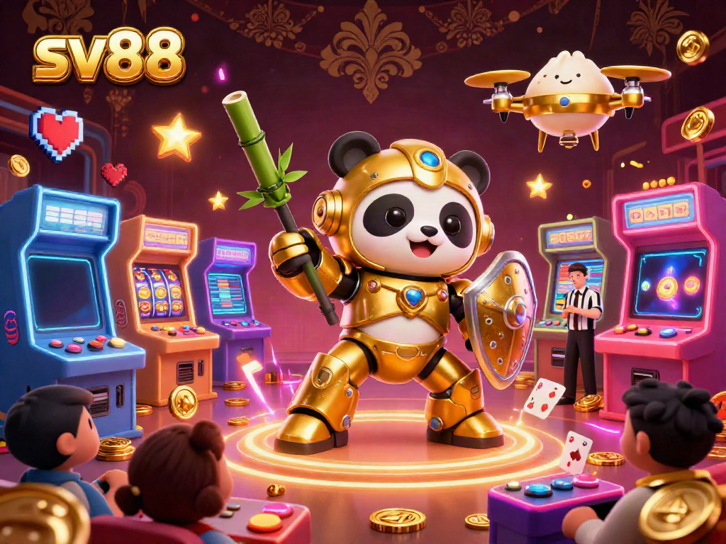 Experience thrilling gameplay at sv88 with a golden panda mech in a vibrant casino arena.