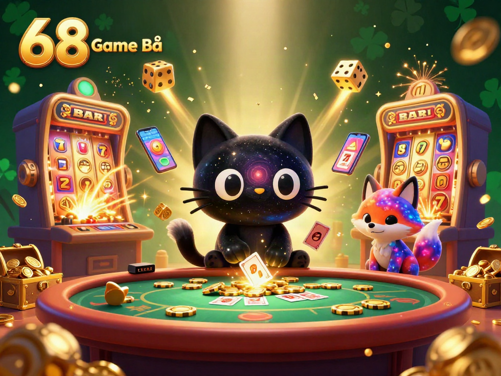 Engage in 68 Game Bài with dynamic characters and exciting casino elements in a vibrant 3D illustration.