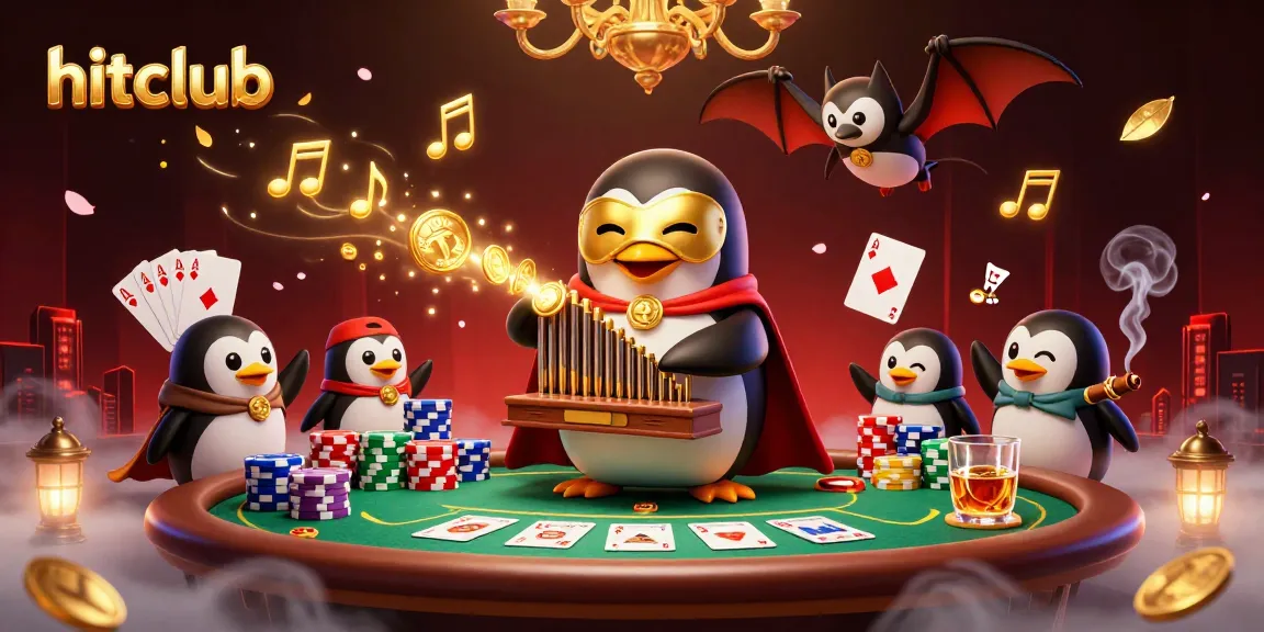 Hitclub showcases a playful 3D penguin opera playing while golden coins flow, ideal for casino art.