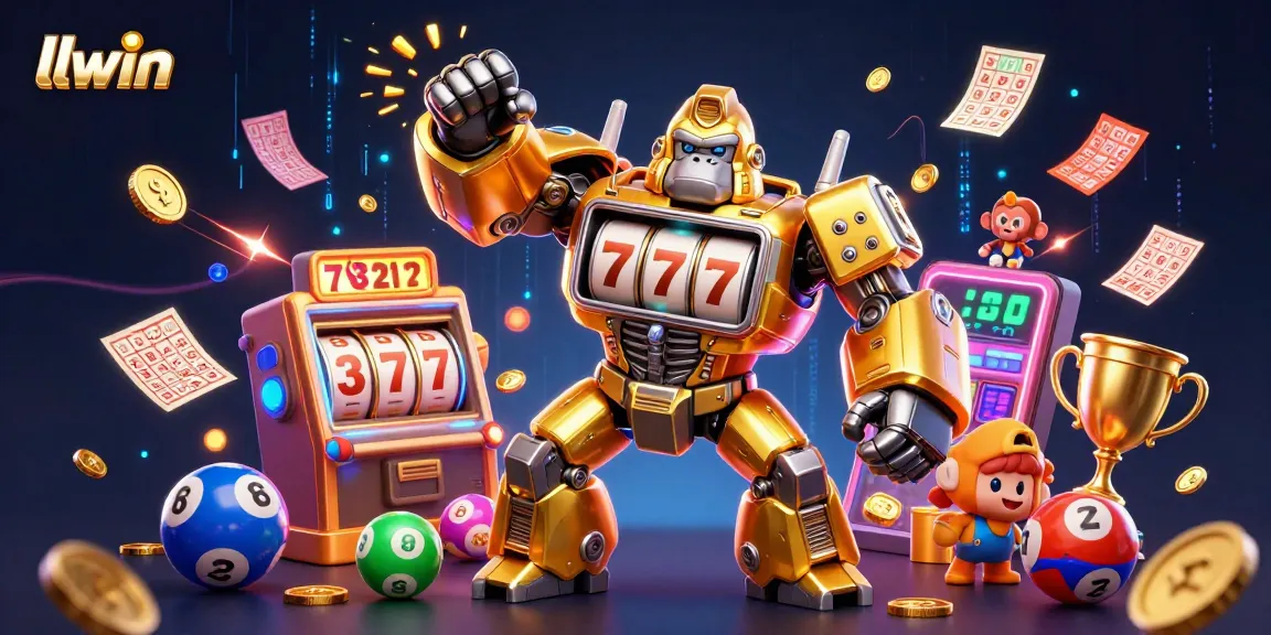 Win big at llwin casino with an exciting 3D illustration of a golden gorilla mech and dynamic gaming elements.