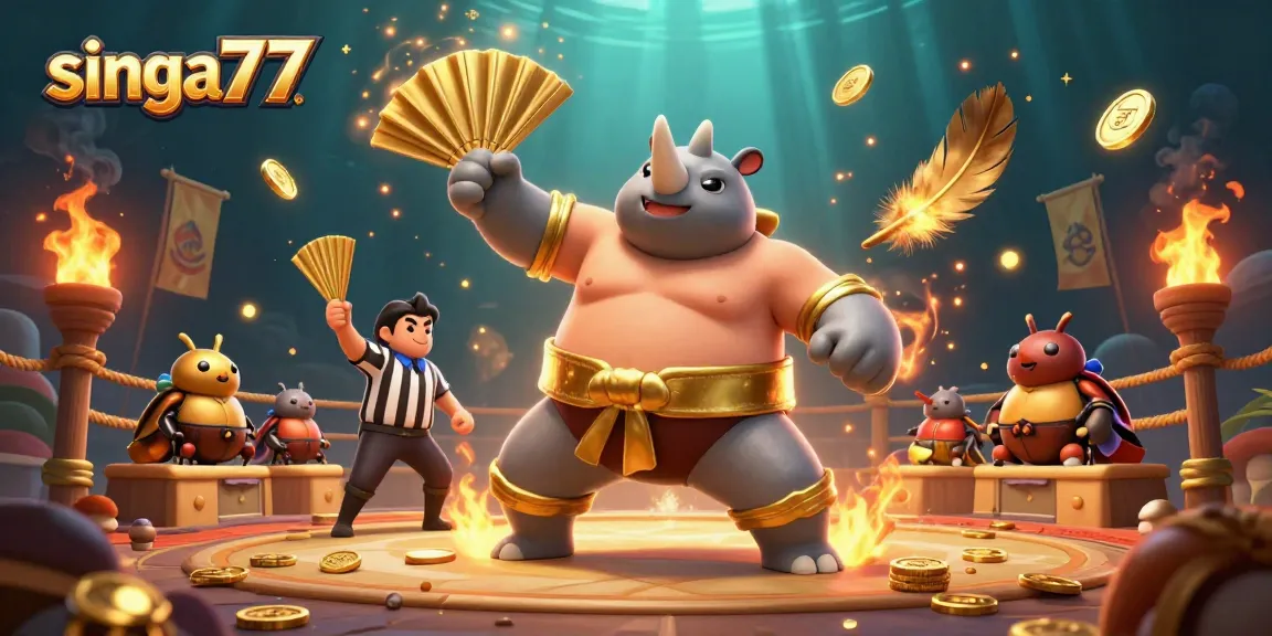 Singa77 showcases a dynamic scene with a sumo champion beetle and vibrant casino elements.