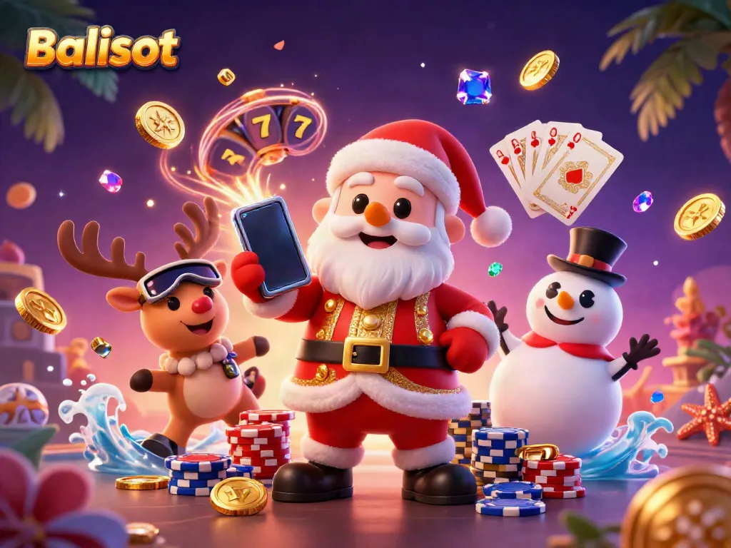 Balislot celebrates wins with a vibrant 3D casino scene showcasing festive characters and rich gambling elements.