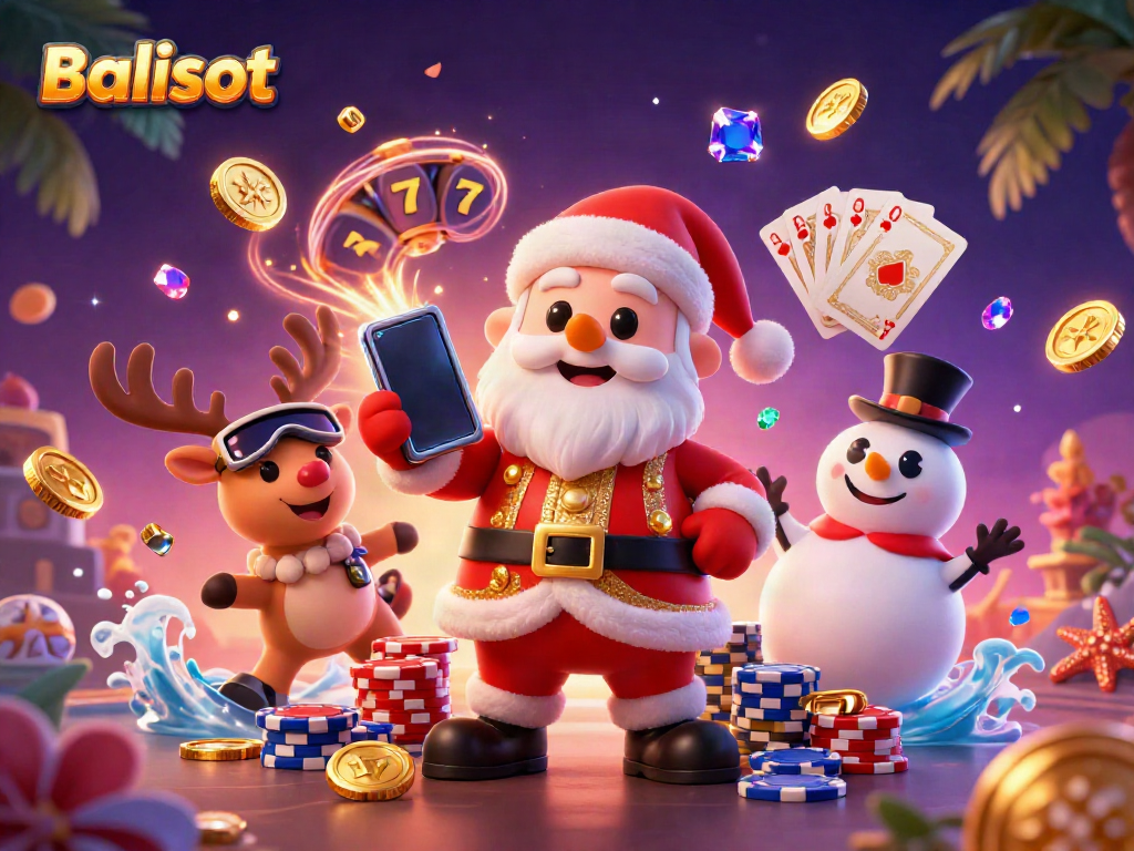 Balislot celebrates wins with a vibrant 3D casino scene showcasing festive characters and rich gambling elements.