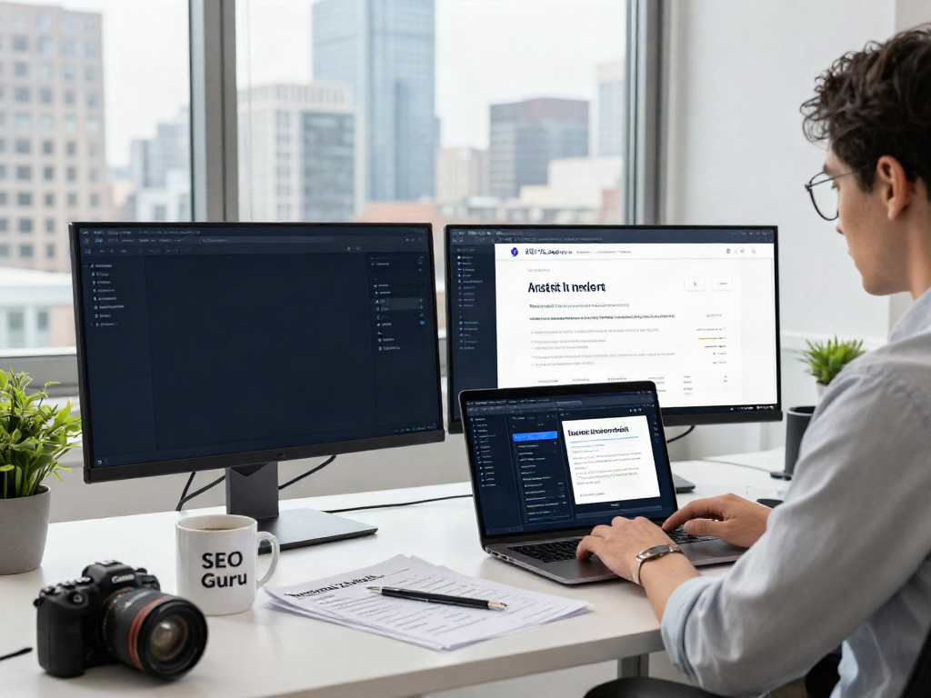 Digital marketing specialist optimizing website content for instant indexing in a modern office.