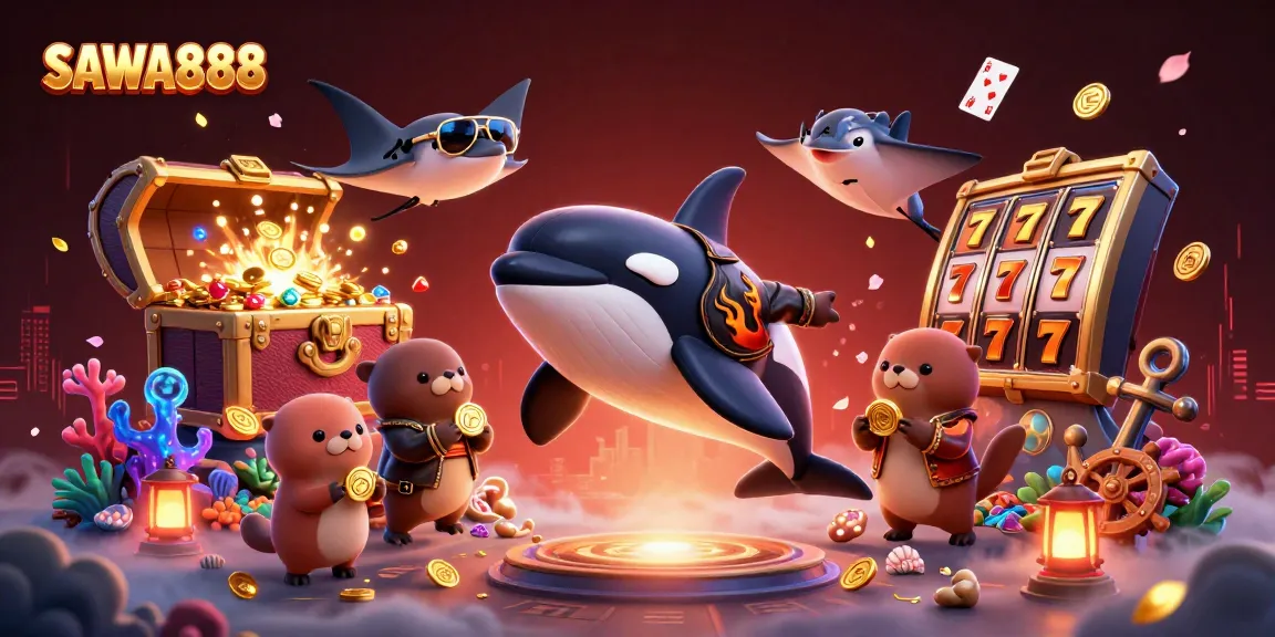 Experience thrilling wins at SAWA888, with dynamic slot reels and animated characters celebrating big jackpots.