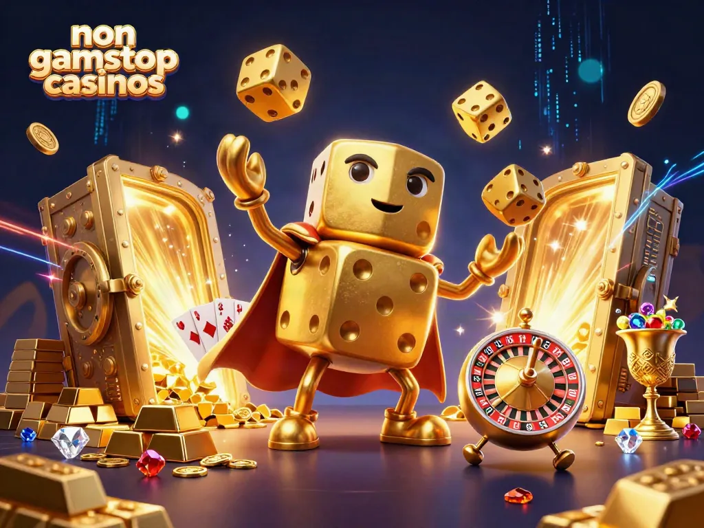 Engage with non gamstop casinos featuring a lively scene of golden dice and vibrant casino elements.