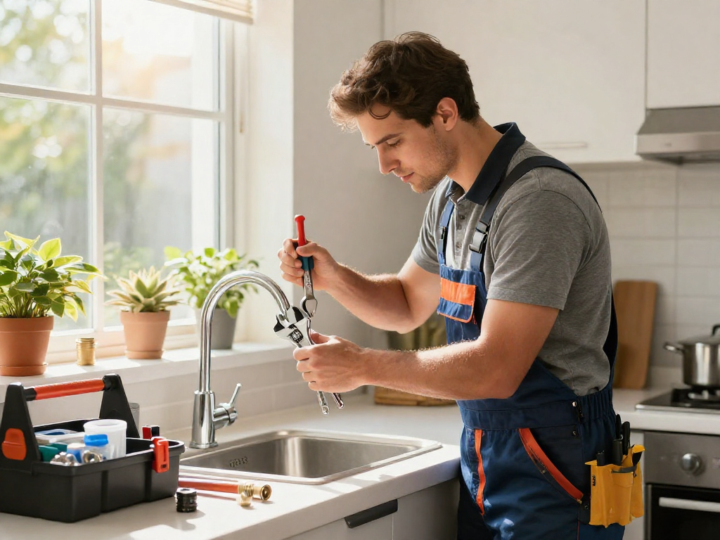 Professional plumber providing plumbing service Fort Worth, fixing a leaky faucet in a modern kitchen.