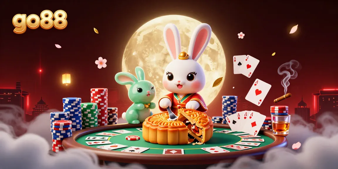 Play with go88 at a vibrant moon casino, featuring poker chips, a jade rabbit, and golden mooncakes.