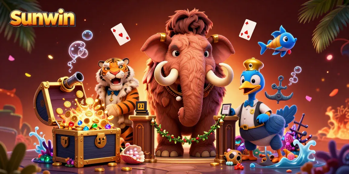 Casual gamblers engaging in exciting slots at sunwin, highlighted by vivid casino-themed characters.