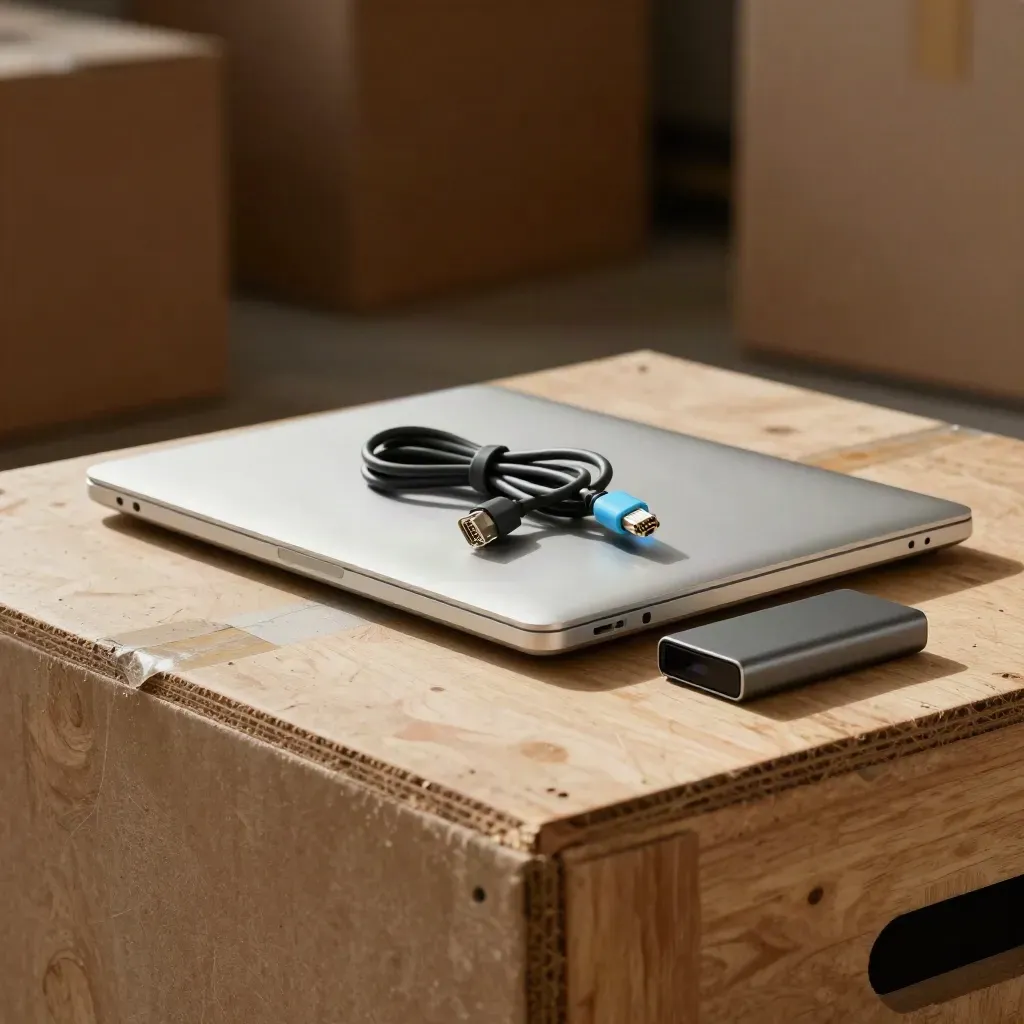 Closed laptop, coiled ethernet lead and backup drive on a crate edge in warm studio light.