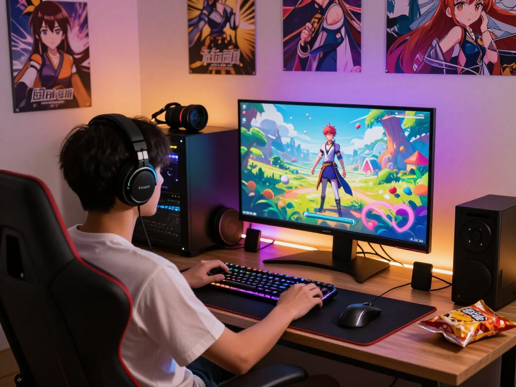 Engaging gamer playing hentai games on a vibrant setup with colorful characters and modern equipment.
