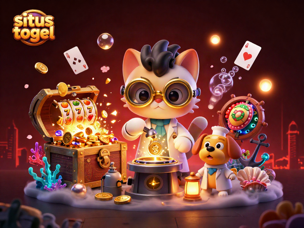 Engage in situs togel with a mad scientist cat creating riches in a vibrant casino-themed illustration.