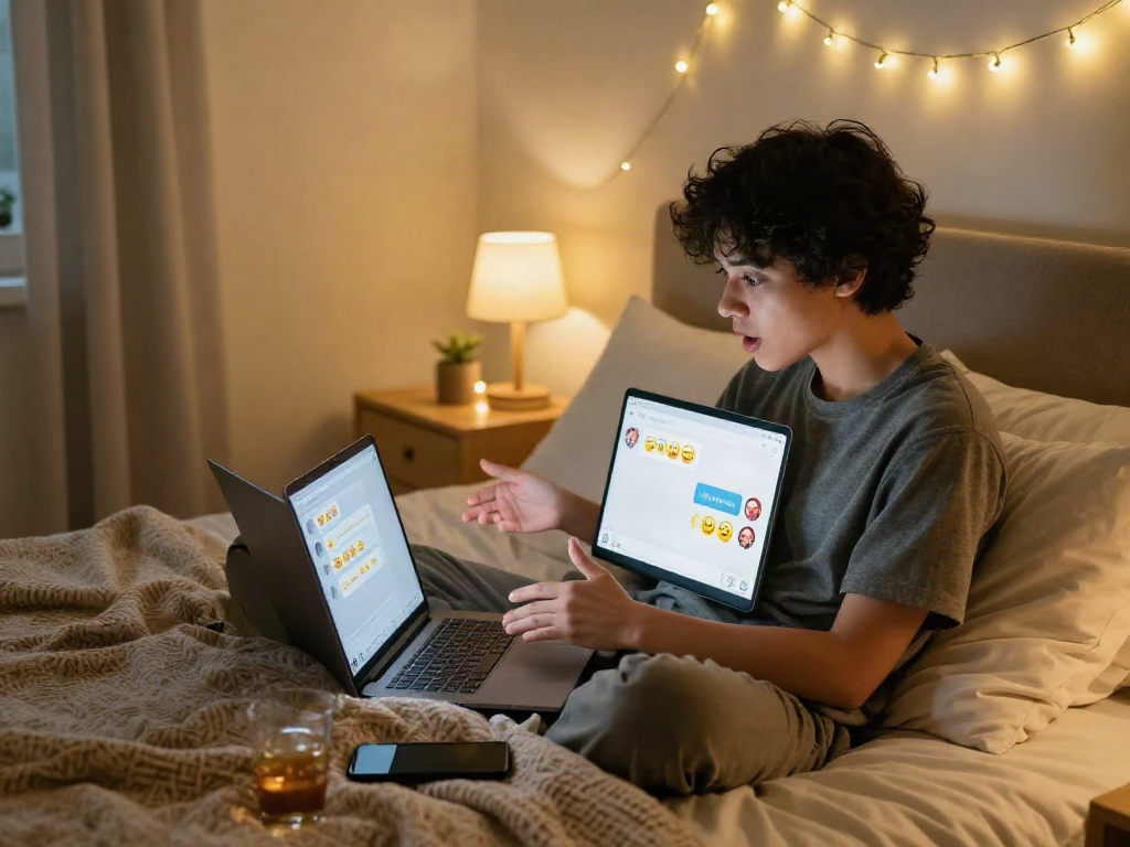 Engaging sexchat scene in a cozy bedroom with warm lighting and emotional connection.