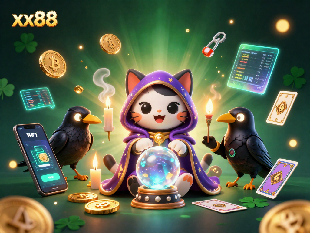 Engage with xx88's mystical gaming atmosphere featuring fortune teller cat and tarot raven.