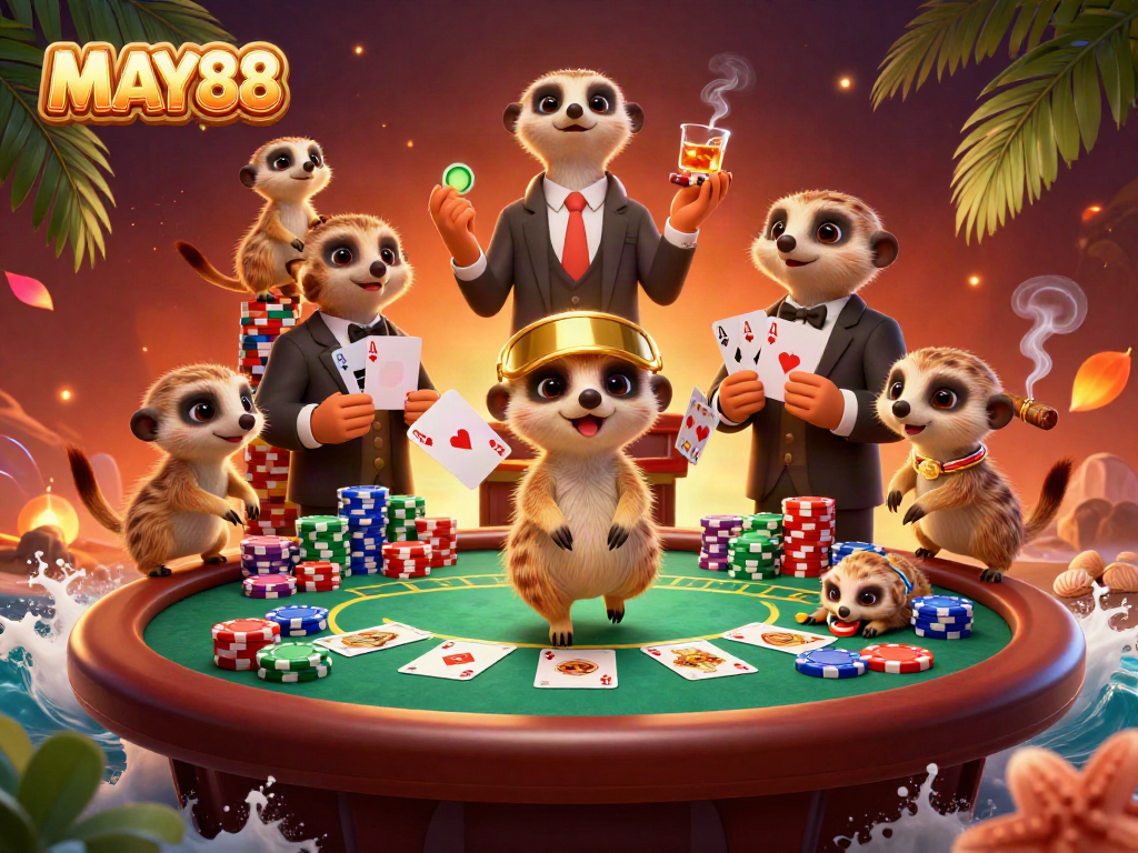 MAY88's meerkats celebrate casino success with poker and vibrant elements in a cartoon scene