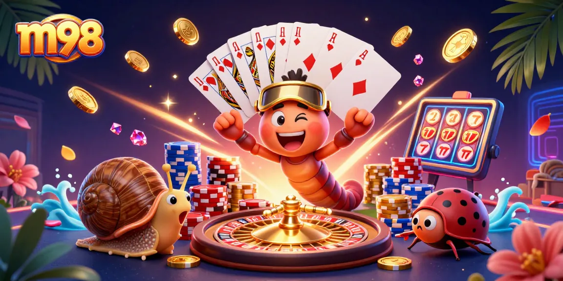 Experience thrilling m98 casino excitement with a vibrant 3D illustration filled with colorful game elements.