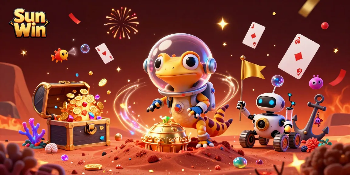 Experience wins at Sun Win with a Martian gecko discovering a golden casino in a vibrant 3D universe.