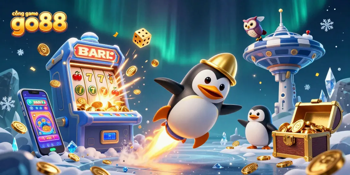 Experience the exciting cổng game go88 with a golden penguin soaring through space to a casino adventure.