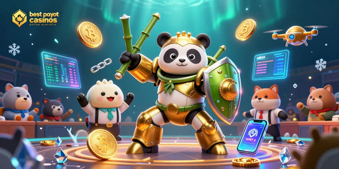 Experience the excitement of the best payout casinos online australia with a golden panda piloting a robot amidst crypto elements.